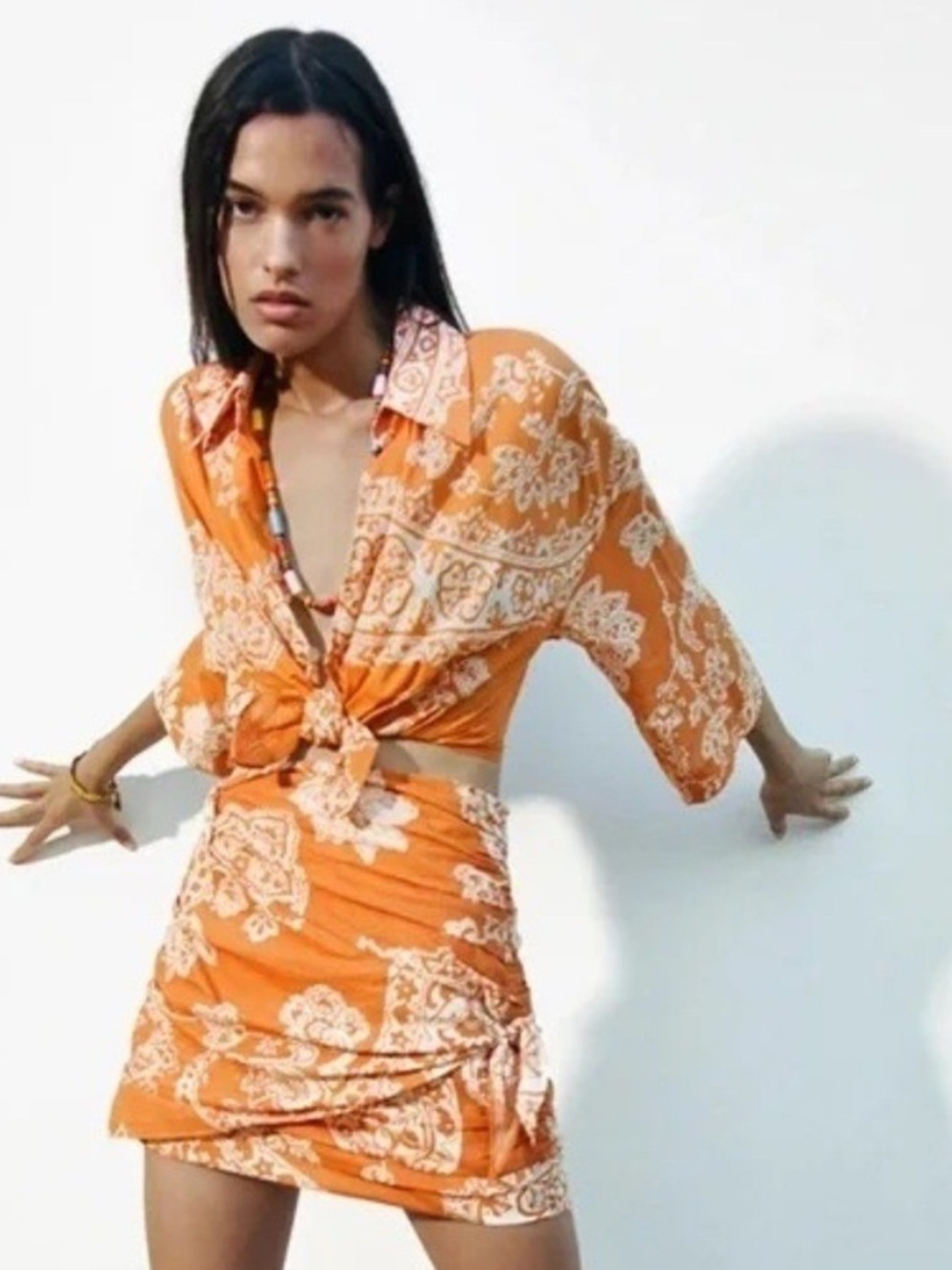 Zara Orange Floral Bandana Knot Front Crop Top